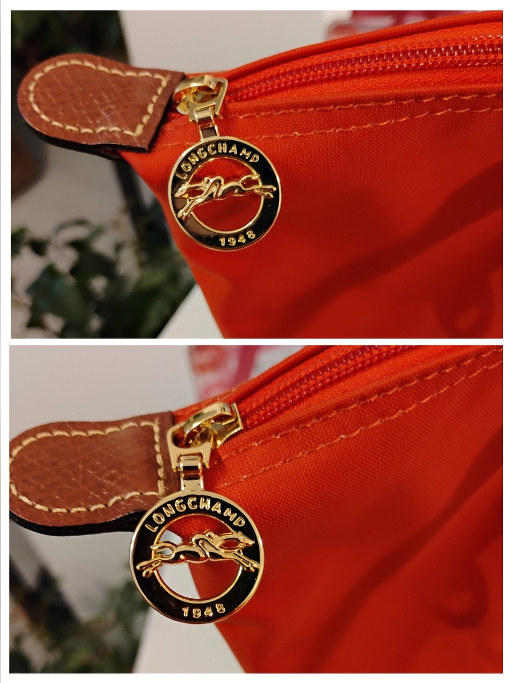 Longchamp Classic Nylon Tote - Orange with Cognac Leather Trim & GHW - Picture 6 of 15